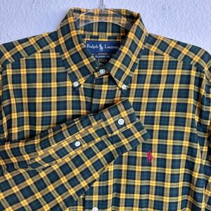 90s Ralph Lauren Men Classic Fit Plaid Button Down Shirt Pony Green Yellow SMALL